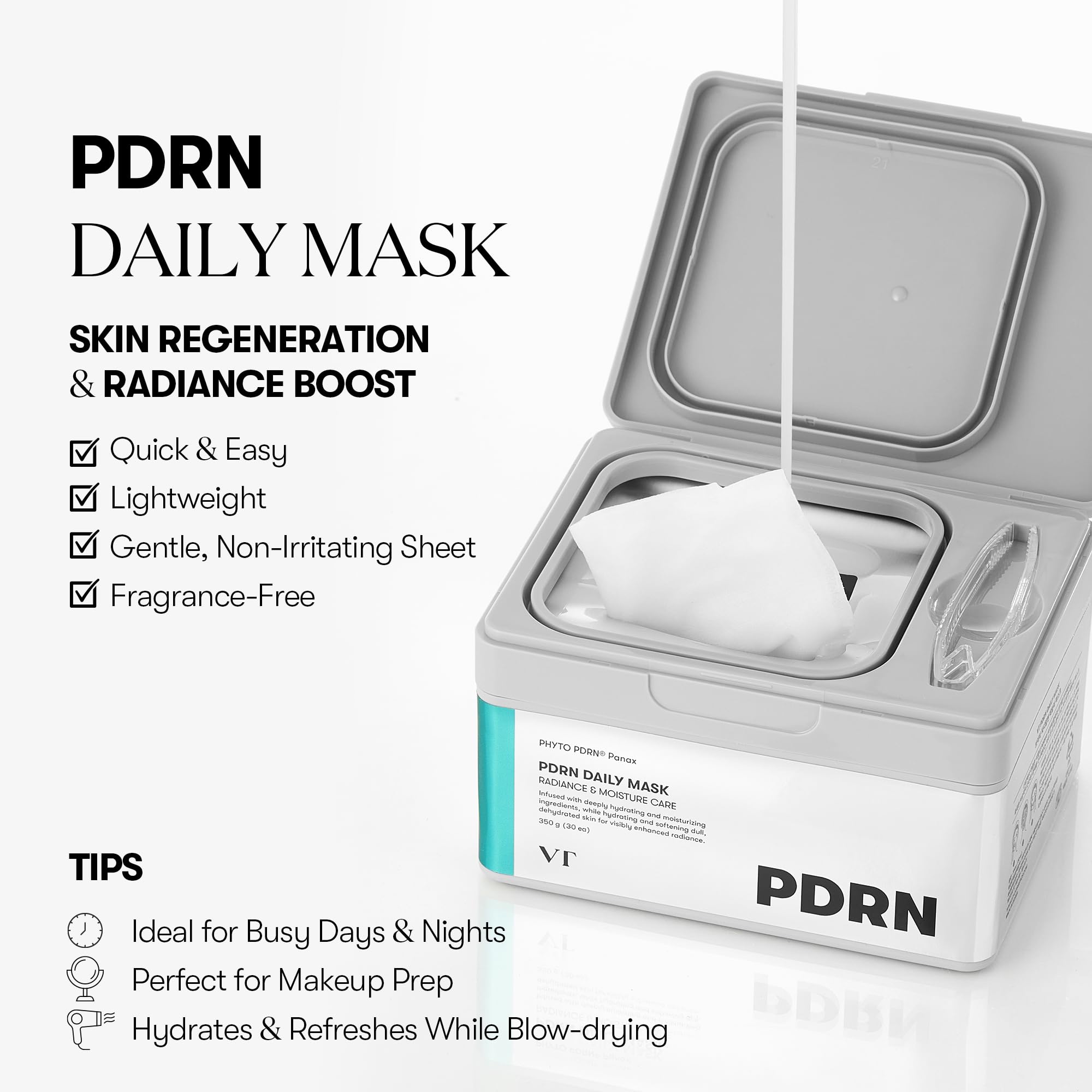 VT COSMETICS PDRN Daily Mask 30 Sheets, Vegan PDRN for Skin Restoration & Radiance, Hydrating & Moisturizing, Anti-Aging, Plumping Effect, Korean Face Mask (350g) - Image 2