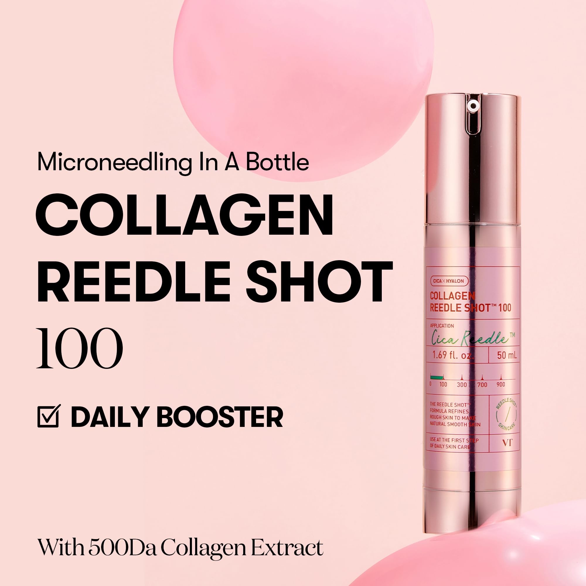 VT COSMETICS Pink Reedle Shot 100, Collagen Microneedling Serum, Firming & Elasticity, 500Da Collaagen Extract, Soft & Glass Skin, Pink Collaagen Serum, Korean Skin Booster (50ml) - Image 2