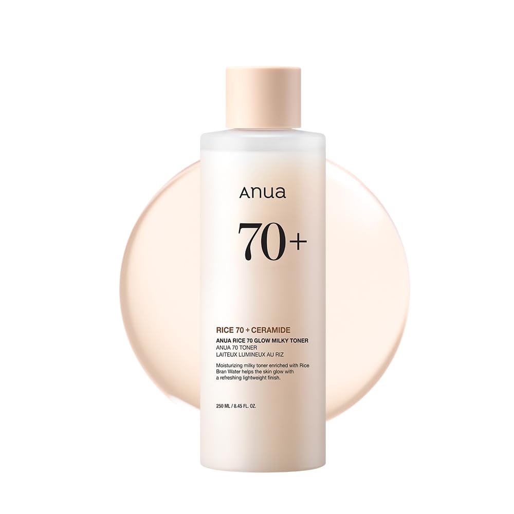 Anua Rice 70 Glow Milky Toner, for Glass Skin, Rice Water, Niacinamide, Ceramides, Panthenol, Non comedogenic, Fungal Acne Safe, Korean Skin Care, 250ml