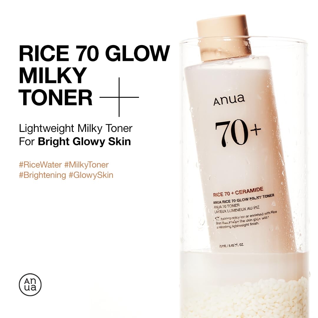 Anua Rice 70 Glow Milky Toner, for Glass Skin, Rice Water, Niacinamide, Ceramides, Panthenol, Non comedogenic, Fungal Acne Safe, Korean Skin Care, 250ml - Image 2