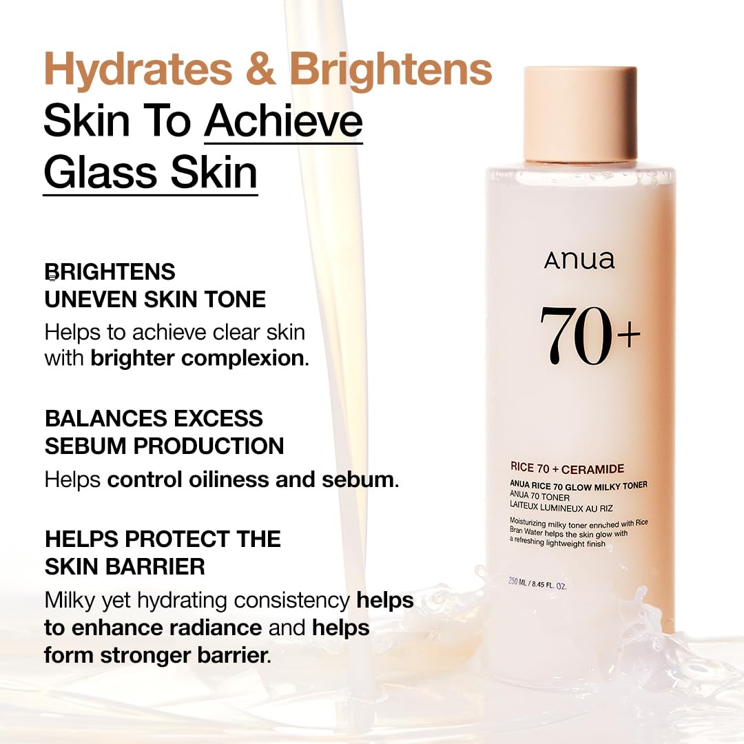 Anua Rice 70 Glow Milky Toner, for Glass Skin, Rice Water, Niacinamide, Ceramides, Panthenol, Non comedogenic, Fungal Acne Safe, Korean Skin Care, 250ml - Image 3