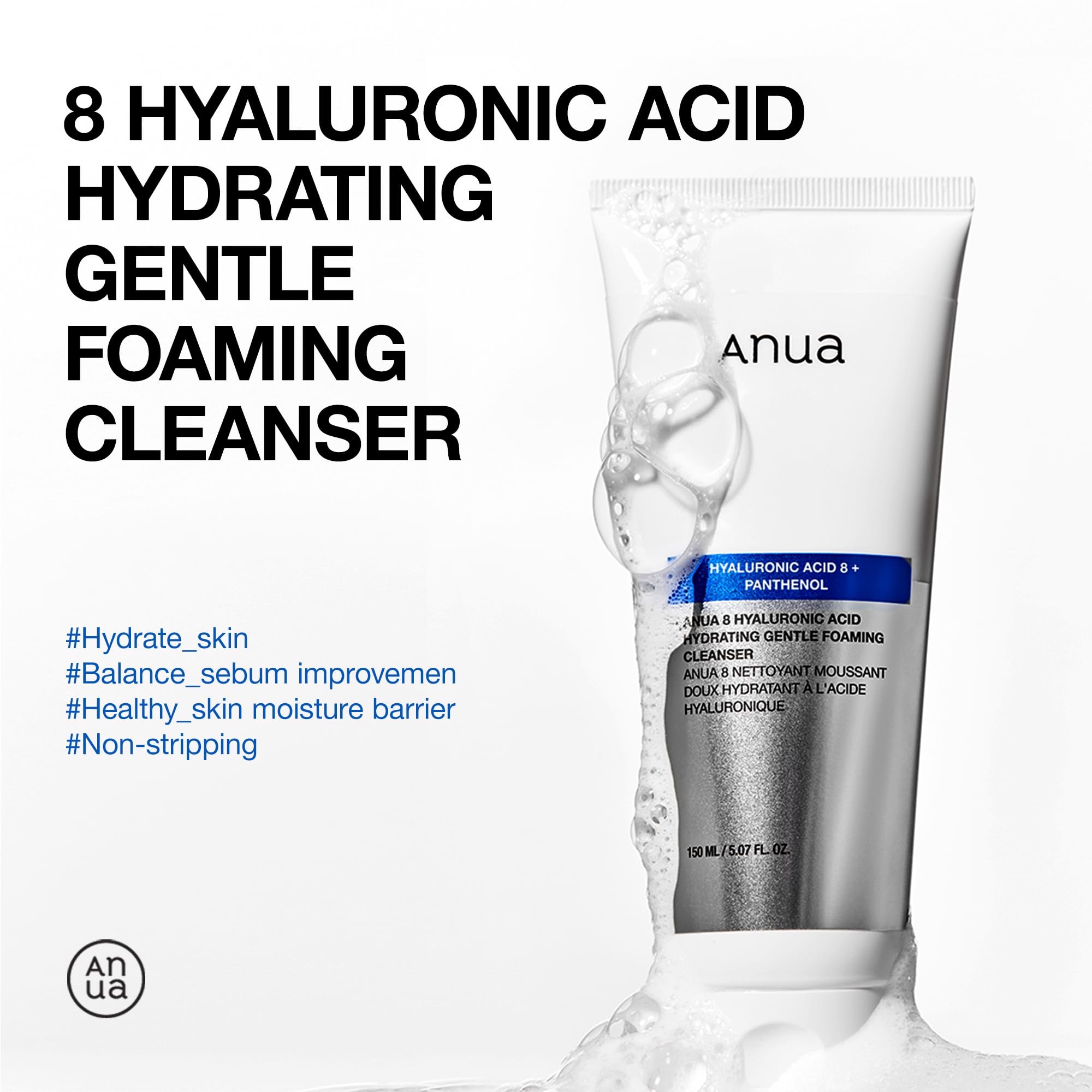 Anua Hydrating Gentle Foaming Cleanser, Hyaluronic Acid, Glycerin, Zinc, Panthenol, Korean Face Wash for Dry Skin, for Double Cleansing, Korean Skincare (150ml) - Image 2