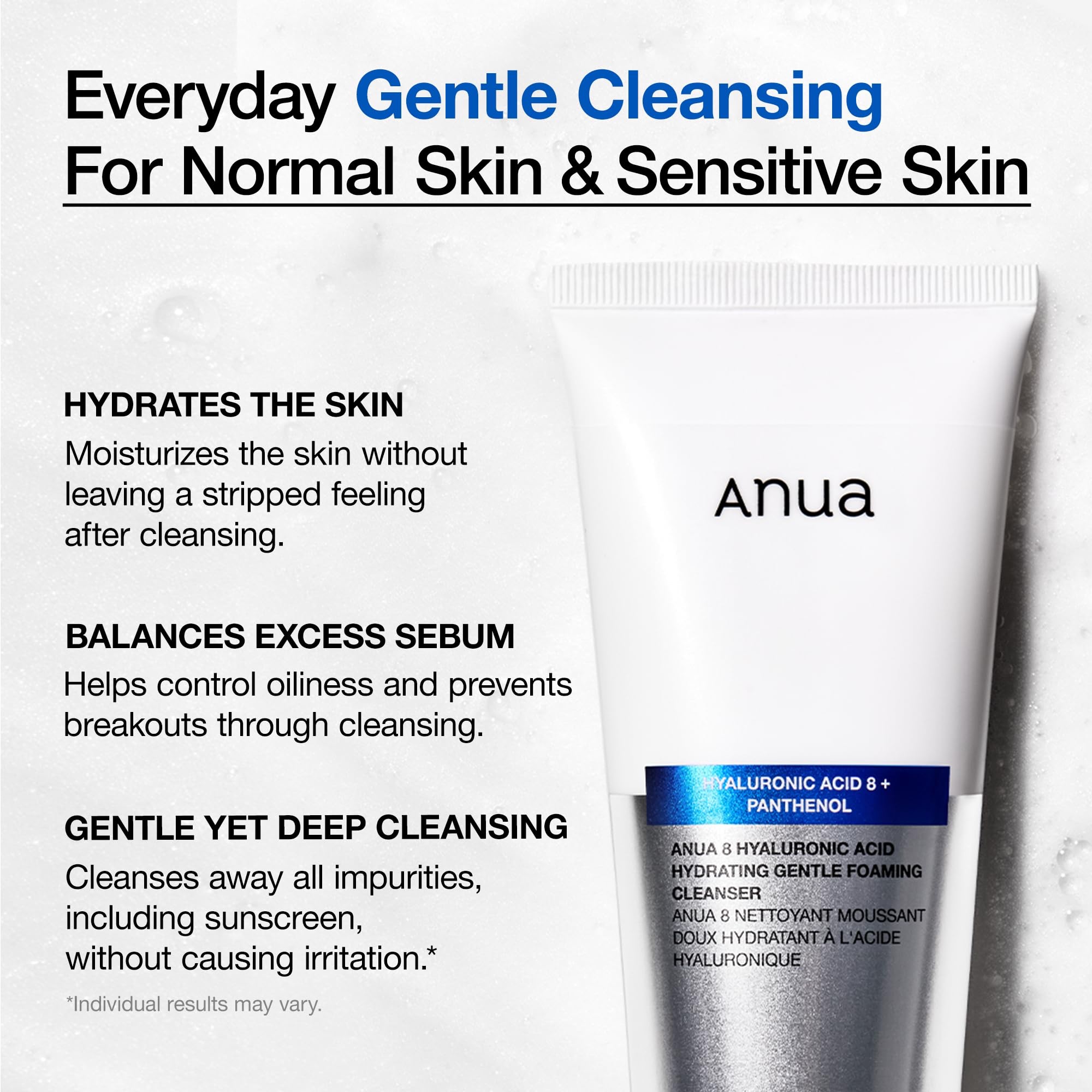 Anua Hydrating Gentle Foaming Cleanser, Hyaluronic Acid, Glycerin, Zinc, Panthenol, Korean Face Wash for Dry Skin, for Double Cleansing, Korean Skincare (150ml) - Image 3